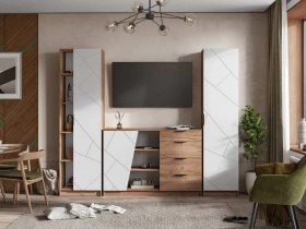 Модульная стенка Орегон (дуб крафт табачный/белый сармат) в Хани - hani.mebel-nsk.ru | фото